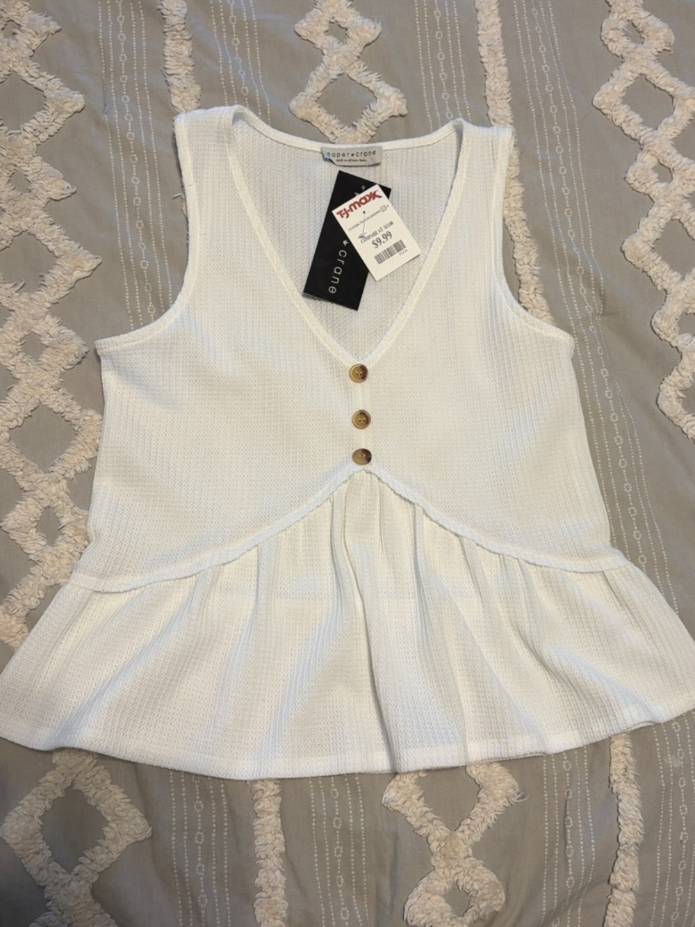 White Knit Peplum Tank with Wood Buttons